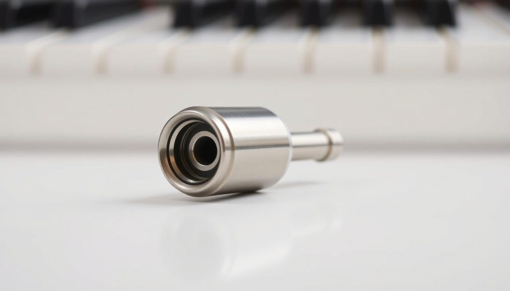 A close-up view of a piano jack connector, its metallic body reflecting the soft, even lighting of the scene. The jack's cylindrical shape and recessed female socket are rendered in sharp detail, emphasizing its functional purpose of providing an audio interface between a digital piano and a connected headphone or speaker. The background is clean and minimalist, allowing the jack to be the sole focus, conveying a sense of simplicity and clarity around this essential piano accessory.