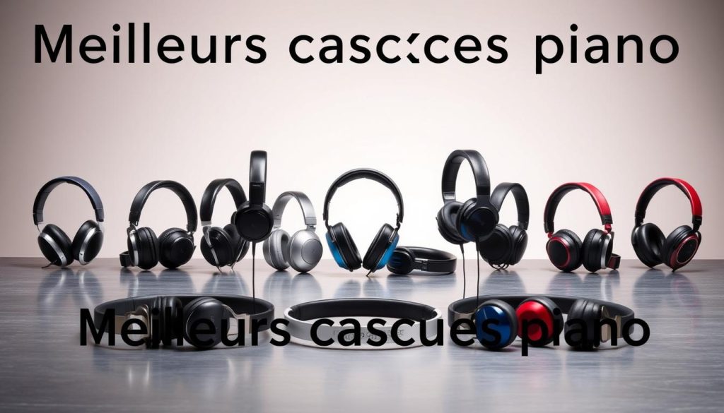 A meticulously curated collection of high-quality digital piano headphones, showcased against a sleek, minimalist backdrop. In the foreground, a diverse array of headphones in various colors and designs, each with a distinct personality. The middle ground features a smooth, brushed metal surface that reflects the headphones' elegant silhouettes, creating a sense of harmony and sophistication. In the background, a soft, muted gradient fills the frame, providing a calming and focused environment that allows the headphones to take center stage. Dramatic side lighting accentuates the headphones' intricate textures and curves, while a subtle vignette effect draws the viewer's attention to the central focal point. This image captures the essence of the "Meilleurs casques piano" section, inviting the reader to explore the best digital piano headphones at various price points.