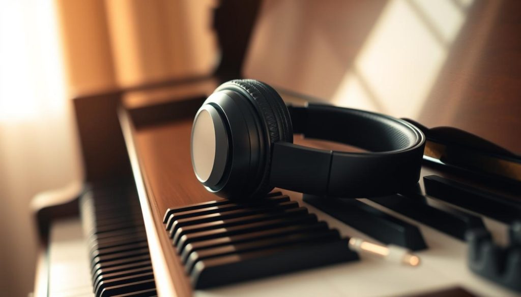 A sleek, wireless headphone set resting atop a grand piano, its matte black finish seamlessly blending with the lacquered wood of the instrument. The headphones are positioned at an angle, suggesting a musician's thoughtful consideration before slipping them on to immerse themselves in the rich, nuanced sound of the digital piano. The scene is bathed in warm, directional lighting that casts subtle shadows, creating depth and a sense of refinement. The background is purposefully blurred, keeping the focus firmly on the harmonious pairing of the headphones and piano, the essential tools for an engrossing musical experience.
