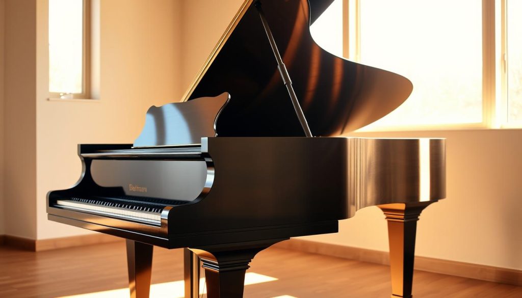 A wooden grand piano sits prominently in a sunlit, minimalist room. Its polished ebony case reflects the warm light flooding through large windows, casting a soft glow on the intricate details of the soundboard and strings. The piano's graceful curves and elegant silhouette command attention, inviting the viewer to imagine the rich, resonant tones that will emanate from its keys. In the background, a neutral-toned wall provides a simple, uncluttered backdrop, allowing the piano to be the central focus. This scene captures the timeless allure and acoustic excellence of a high-quality, traditional piano, contrasting with the modern digital counterparts.