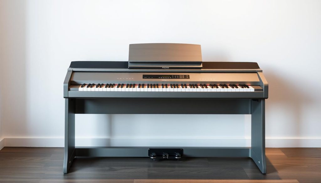 A well-crafted digital piano stand in a modern, minimalist style. The stand is made of sleek, brushed metal in a muted silver tone, providing a sturdy and visually appealing support for the piano. The stand has a minimalist design with clean lines and a low-profile silhouette, allowing the focus to remain on the instrument. Soft, indirect lighting illuminates the scene, creating a warm and inviting atmosphere. The stand is captured from a slightly elevated angle, showcasing its elegant and functional form. The background is a simple, uncluttered space, allowing the piano stand to take center stage and complement the digital piano seamlessly.