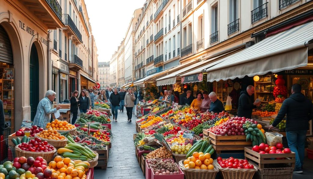 A bustling French outdoor market, with rows of colorful stalls offering a diverse array of fresh produce, artisanal goods, and local specialties. The foreground features an assortment of vibrant fruits and vegetables, arranged in woven baskets and wooden crates. In the middle ground, vendors interact with eager shoppers, haggling over prices and sampling wares. The background reveals a quaint Parisian street, lined with charming storefronts and pedestrians strolling under the warm, golden light of a late afternoon sun. The scene conveys a sense of community, tradition, and the quintessential French joie de vivre. A bustling French outdoor market, with rows of colorful stalls offering a diverse array of fresh produce, artisanal goods, and local specialties. The foreground features an assortment of vibrant fruits and vegetables, arranged in woven baskets and wooden crates. In the middle ground, vendors interact with eager shoppers, haggling over prices and sampling wares. The background reveals a quaint Parisian street, lined with charming storefronts and pedestrians strolling under the warm, golden light of a late afternoon sun. The scene conveys a sense of community, tradition, and the quintessential French joie de vivre.