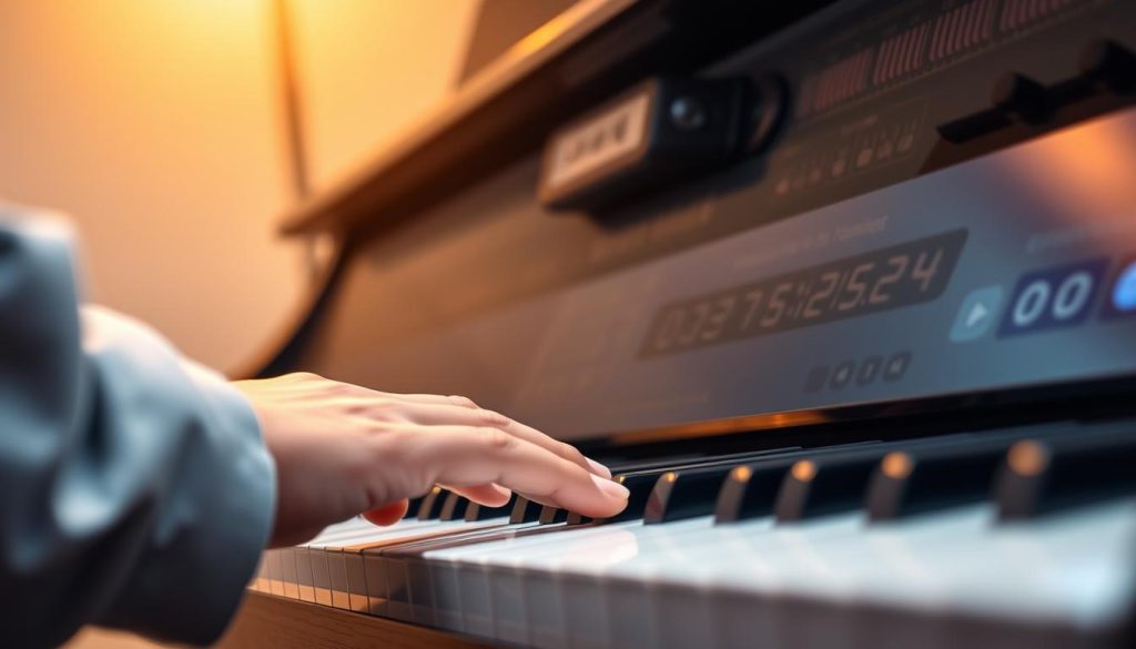 A close-up view of a pianist's hands playing on a digital piano's keyboard, with the piano's interior mechanism visible in the background. The keys are illuminated, casting a warm, focused light on the hands. The image conveys a sense of precision and attention to detail, with a focus on the piano's sound quality and polyphonic capabilities. The background is softly blurred, emphasizing the central action. The overall mood is one of technical expertise and a deep appreciation for the piano's sonic performance. A close-up view of a pianist's hands playing on a digital piano's keyboard, with the piano's interior mechanism visible in the background. The keys are illuminated, casting a warm, focused light on the hands. The image conveys a sense of precision and attention to detail, with a focus on the piano's sound quality and polyphonic capabilities. The background is softly blurred, emphasizing the central action. The overall mood is one of technical expertise and a deep appreciation for the piano's sonic performance.