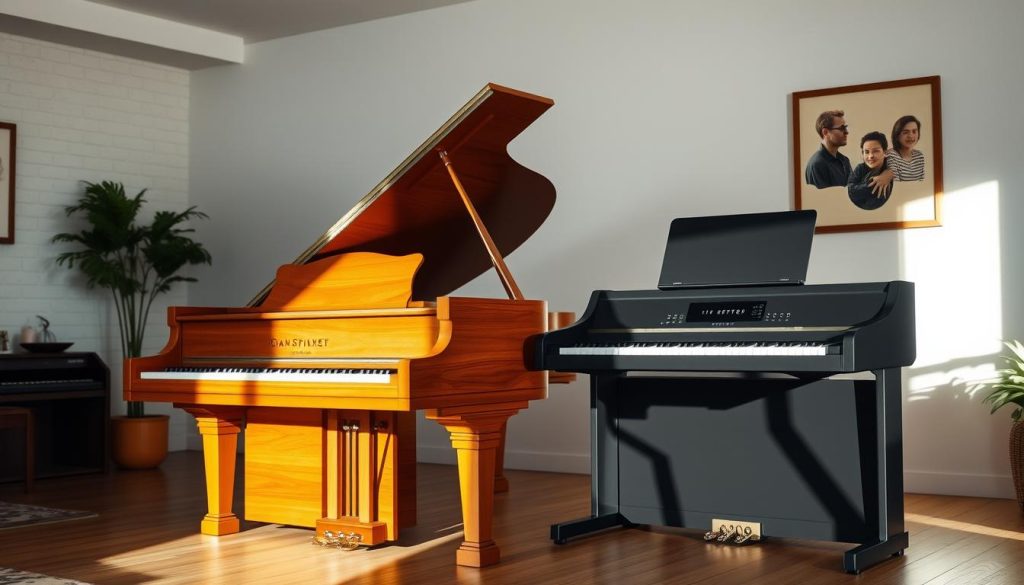 A grand piano and a digital piano standing side by side in a well-lit, spacious room. The acoustic piano, with its rich, wooden finish, takes center stage, while the sleek, modern digital instrument stands beside it. The lighting is soft and warm, casting gentle shadows that accentuate the curves and textures of the instruments. The room has a cozy, inviting atmosphere, with natural elements such as potted plants or artwork adding to the ambiance. The scene conveys a sense of thoughtful comparison, allowing the viewer to appreciate the unique qualities and capabilities of both types of pianos.