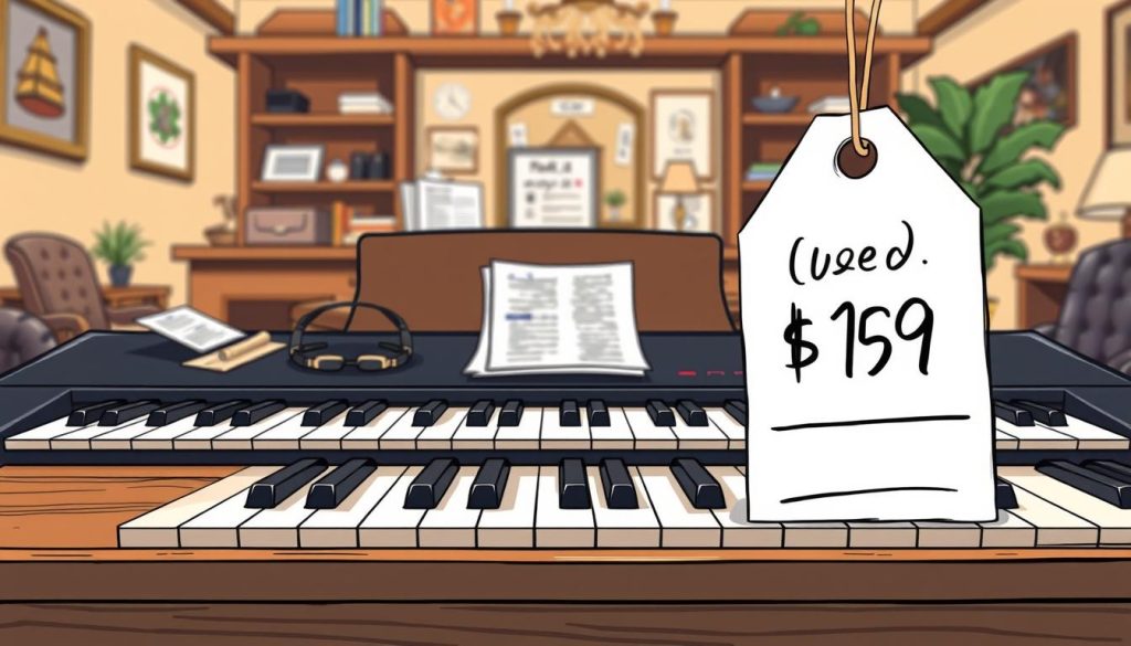 A stylized digital illustration showcasing a piano keyboard on a wooden surface, with a price tag prominently displayed in the foreground. The price should be rendered in an elegant, handwritten font, reflecting the high-end nature of a used digital piano. The middle ground should feature various accessories and documents, suggesting the negotiation process and additional costs. The background should depict a warm, cozy home interior, with hints of French decor to reinforce the context. Subtle lighting and depth of field should create a sense of professionalism and attention to detail. A stylized digital illustration showcasing a piano keyboard on a wooden surface, with a price tag prominently displayed in the foreground. The price should be rendered in an elegant, handwritten font, reflecting the high-end nature of a used digital piano. The middle ground should feature various accessories and documents, suggesting the negotiation process and additional costs. The background should depict a warm, cozy home interior, with hints of French decor to reinforce the context. Subtle lighting and depth of field should create a sense of professionalism and attention to detail.