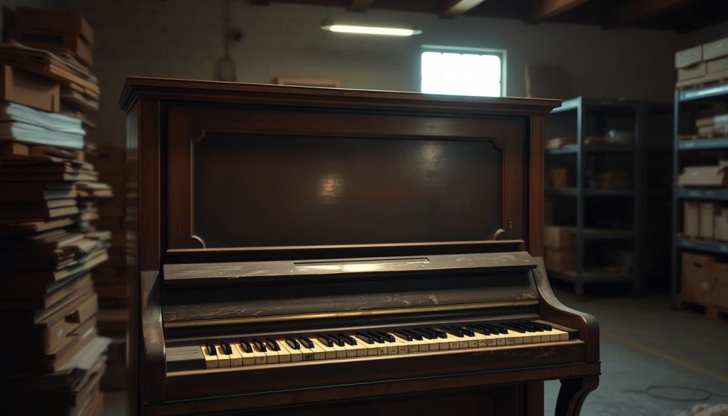 A weathered, vintage upright piano stands in a dimly lit storage room, its wooden frame and keys bearing the marks of years of use. The instrument's aged surface reflects the soft, warm glow of a single overhead light, casting subtle shadows that accentuate its textural details. In the background, stacks of cardboard boxes and shelving units suggest a history of storage and preservation, hinting at the piano's journey through time. The overall atmosphere evokes a sense of nostalgia and the passing of eras, reflecting the section's focus on the age and storage history of the musical instrument. A weathered, vintage upright piano stands in a dimly lit storage room, its wooden frame and keys bearing the marks of years of use. The instrument's aged surface reflects the soft, warm glow of a single overhead light, casting subtle shadows that accentuate its textural details. In the background, stacks of cardboard boxes and shelving units suggest a history of storage and preservation, hinting at the piano's journey through time. The overall atmosphere evokes a sense of nostalgia and the passing of eras, reflecting the section's focus on the age and storage history of the musical instrument.