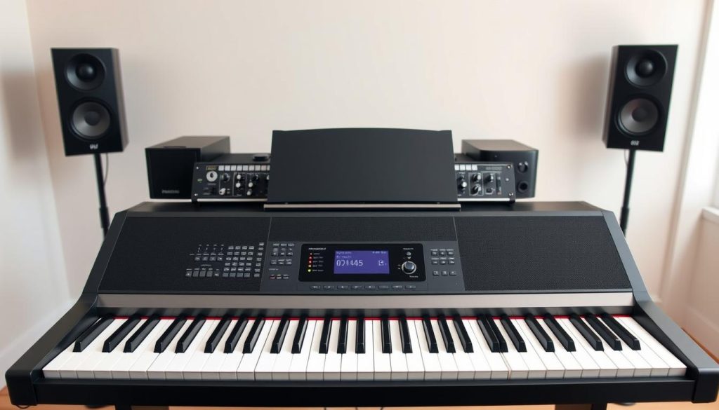 A professional and sleek digital piano with a range of advanced features, set against a backdrop of a modern, minimalist studio space. In the foreground, the piano's touch-sensitive keys and integrated LCD display stand out, while the middle ground showcases its array of knobs, sliders, and connectivity ports for seamless integration with other music equipment. The background features soft, even lighting that creates a harmonious and inspiring atmosphere, ideal for the experienced pianist exploring the piano's expanded functionality.