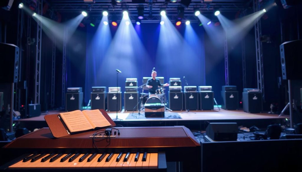 A professional live sound setup on a concert stage, featuring a well-organized PA system with multiple speakers and subwoofers. The foreground showcases a digital piano and a mixer, conveying the scene of a musician performing with a comprehensive sound reinforcement system. The middle ground depicts the speaker array, strategically placed to provide even coverage and optimal sound quality. In the background, a dimly lit stage with atmospheric lighting sets the mood for a captivating musical experience. The image exudes a sense of technical precision and attention to detail, perfectly suited to illustrate the "Focus systèmes PA pour claviers: quand préférer une sono" section of the article. A professional live sound setup on a concert stage, featuring a well-organized PA system with multiple speakers and subwoofers. The foreground showcases a digital piano and a mixer, conveying the scene of a musician performing with a comprehensive sound reinforcement system. The middle ground depicts the speaker array, strategically placed to provide even coverage and optimal sound quality. In the background, a dimly lit stage with atmospheric lighting sets the mood for a captivating musical experience. The image exudes a sense of technical precision and attention to detail, perfectly suited to illustrate the "Focus systèmes PA pour claviers: quand préférer une sono" section of the article.