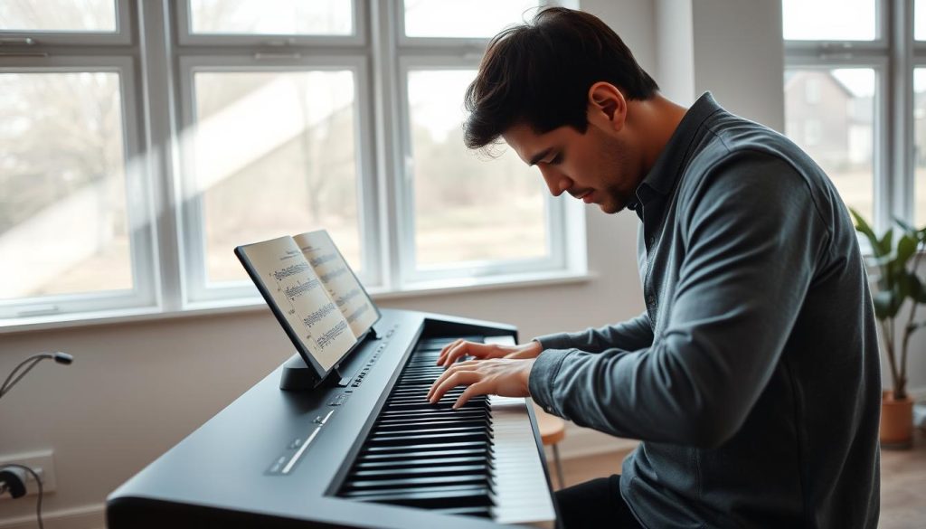 A professional pianist carefully testing and adjusting the keys of a sleek, modern digital piano in a well-lit, minimalist home studio. The piano is set against a neutral grey backdrop, allowing the instrument to take center stage. Natural light streams in through large windows, creating a soft, warm atmosphere. The pianist's hands are delicately positioned on the keys, their face in deep concentration as they meticulously fine-tune the piano's settings. The scene conveys a sense of thoughtful preparation and attention to detail, capturing the importance of properly configuring one's instrument before a performance.