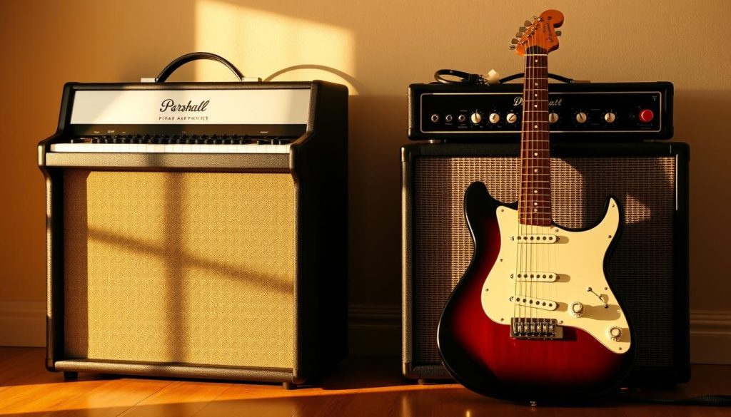 A side-by-side comparison of a piano amplifier and a guitar amplifier, illuminated by warm, directional lighting that casts subtle shadows, captured in a crisp, high-resolution photograph with a shallow depth of field. The piano amplifier, sleek and modern, stands tall and proud, its control panel and speakers clearly visible. The guitar amplifier, rugged and vintage-inspired, sits slightly offset, its grill cloth and knobs inviting closer inspection. The scene conveys the distinct differences in design, function, and intended use between these two types of musical equipment, highlighting why they are not interchangeable for their respective instruments. A side-by-side comparison of a piano amplifier and a guitar amplifier, illuminated by warm, directional lighting that casts subtle shadows, captured in a crisp, high-resolution photograph with a shallow depth of field. The piano amplifier, sleek and modern, stands tall and proud, its control panel and speakers clearly visible. The guitar amplifier, rugged and vintage-inspired, sits slightly offset, its grill cloth and knobs inviting closer inspection. The scene conveys the distinct differences in design, function, and intended use between these two types of musical equipment, highlighting why they are not interchangeable for their respective instruments.