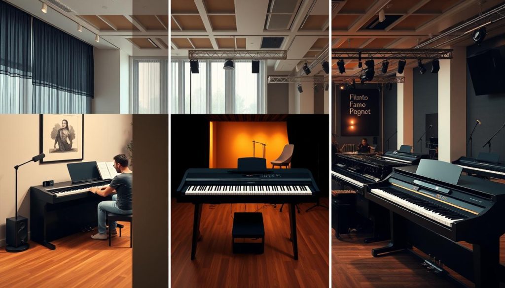 A well-lit, high-resolution image of a comparative visual display showcasing the various usage scenarios for a digital piano. The foreground depicts a digital piano in a modern, minimalist living room setting, with a person sitting and playing. The middle ground shows the same piano in a small apartment bedroom, as well as on a stage with a performer. The background features a rehearsal studio with multiple digital pianos. The lighting is warm and natural, capturing the textures and details of the instruments. The overall composition conveys the versatility and adaptability of the digital piano, suitable for home, studio, and performance use.