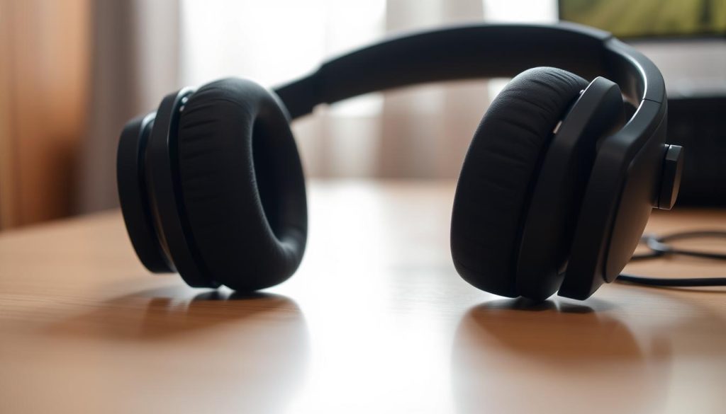 A close-up photograph of a pair of high-quality, over-ear headphones resting on a smooth, wooden surface. The headphones have a sleek, modern design with plush, cushioned earpads and a sturdy, adjustable headband. The lighting is soft and diffused, casting gentle shadows that accentuate the textures and contours of the headphones. The background is slightly blurred, creating a sense of depth and focus on the central subject. The overall mood is one of sophistication, comfort, and immersive audio experience. A close-up photograph of a pair of high-quality, over-ear headphones resting on a smooth, wooden surface. The headphones have a sleek, modern design with plush, cushioned earpads and a sturdy, adjustable headband. The lighting is soft and diffused, casting gentle shadows that accentuate the textures and contours of the headphones. The background is slightly blurred, creating a sense of depth and focus on the central subject. The overall mood is one of sophistication, comfort, and immersive audio experience.