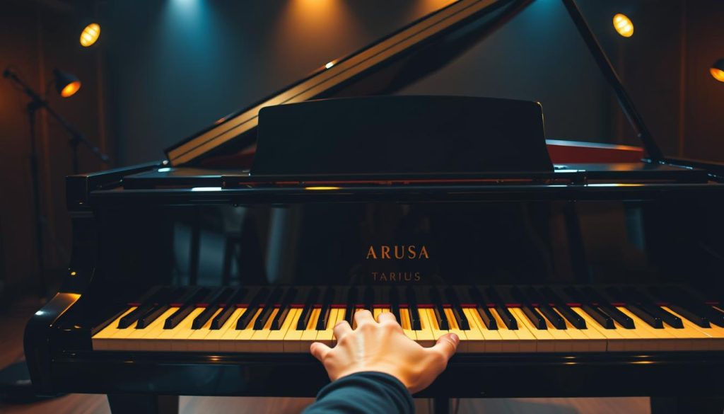 A grand piano stands center stage, its sleek black lacquered body gleaming under warm, theatrical lighting. The keyboard is adorned with the distinctive Yamaha Arius logo, beckoning the pianist to take their place and perform. In the foreground, a player's hands gracefully cascade across the keys, their movements captured in a tight, cinematic close-up. The background fades into a blurred, dramatic studio setting, hinting at the pianist's professional ambitions. The overall scene conveys a sense of elegant sophistication, inviting the viewer to imagine the skilled, virtuosic performance that could unfold on this impressive Arius digital piano. A grand piano stands center stage, its sleek black lacquered body gleaming under warm, theatrical lighting. The keyboard is adorned with the distinctive Yamaha Arius logo, beckoning the pianist to take their place and perform. In the foreground, a player's hands gracefully cascade across the keys, their movements captured in a tight, cinematic close-up. The background fades into a blurred, dramatic studio setting, hinting at the pianist's professional ambitions. The overall scene conveys a sense of elegant sophistication, inviting the viewer to imagine the skilled, virtuosic performance that could unfold on this impressive Arius digital piano.