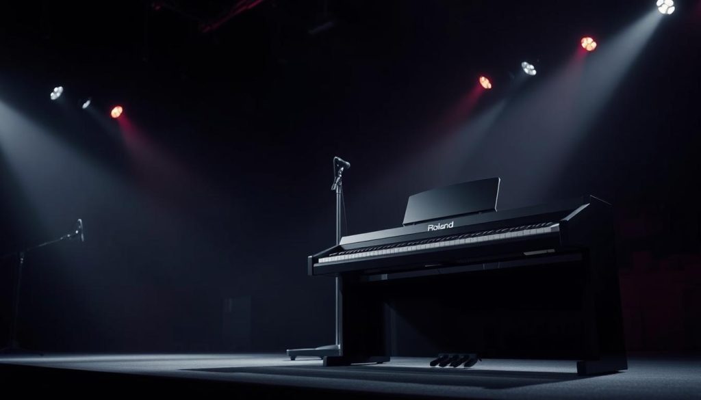 A high-quality, professional-looking image of the Roland RD series digital stage piano, set against a dimly lit, atmospheric stage environment. The piano is positioned in the foreground, with its sleek, minimalist design and iconic Roland branding prominently displayed. The middle ground features subtle details like a microphone stand and cable, hinting at its live performance capabilities. In the background, a moody, dramatic lighting setup casts dramatic shadows and highlights, creating a sense of depth and drama. The overall mood is one of sophistication, power, and stage presence, perfectly capturing the essence of the "Roland RD: the live reference" section of the article. A high-quality, professional-looking image of the Roland RD series digital stage piano, set against a dimly lit, atmospheric stage environment. The piano is positioned in the foreground, with its sleek, minimalist design and iconic Roland branding prominently displayed. The middle ground features subtle details like a microphone stand and cable, hinting at its live performance capabilities. In the background, a moody, dramatic lighting setup casts dramatic shadows and highlights, creating a sense of depth and drama. The overall mood is one of sophistication, power, and stage presence, perfectly capturing the essence of the "Roland RD: the live reference" section of the article.