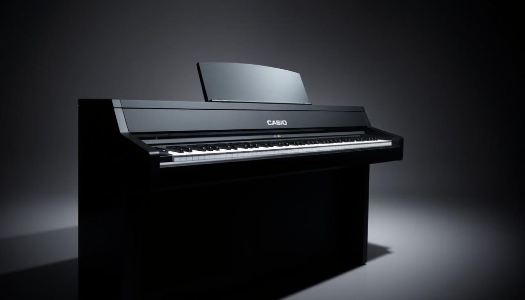 A modern digital piano from Casio's Privia line, beautifully lit in a professional studio setting. The instrument's sleek black finish and elegant lines are showcased, with a focus on the well-crafted keyboard and control panel. The lighting casts soft shadows, creating depth and a sense of depth. The background is a neutral gray, allowing the piano to be the central focus. The scene conveys a high-quality, performance-ready musical instrument suitable for both the stage and the recording studio. A modern digital piano from Casio's Privia line, beautifully lit in a professional studio setting. The instrument's sleek black finish and elegant lines are showcased, with a focus on the well-crafted keyboard and control panel. The lighting casts soft shadows, creating depth and a sense of depth. The background is a neutral gray, allowing the piano to be the central focus. The scene conveys a high-quality, performance-ready musical instrument suitable for both the stage and the recording studio.