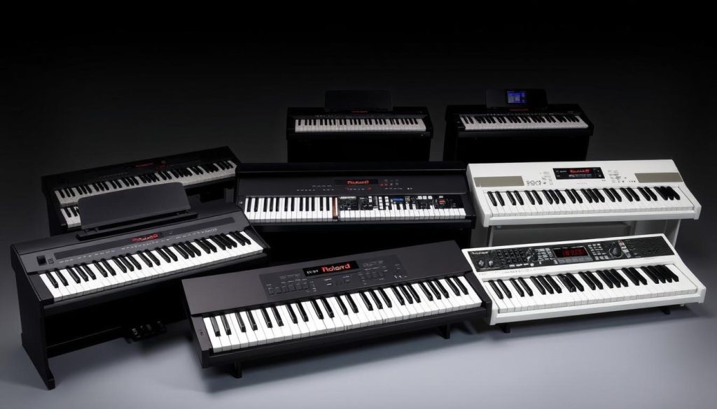 A neatly arranged display of Roland digital pianos, showcasing the FP series. In the foreground, the sleek and portable FP-10 and FP-30X models take center stage, their glossy black and white finishes gleaming under the soft studio lighting. In the middle ground, the more feature-rich FP-60X and FP-90X models stand tall, their minimalist design and tactile controls inviting the user to explore their capabilities. The background is filled with a subtle gradient, creating a sense of depth and focus on the main subjects. The overall composition conveys the essence of the Roland FP series: high-quality digital pianos designed for both stage and home use, catering to a wide range of pianists and musicians. A neatly arranged display of Roland digital pianos, showcasing the FP series. In the foreground, the sleek and portable FP-10 and FP-30X models take center stage, their glossy black and white finishes gleaming under the soft studio lighting. In the middle ground, the more feature-rich FP-60X and FP-90X models stand tall, their minimalist design and tactile controls inviting the user to explore their capabilities. The background is filled with a subtle gradient, creating a sense of depth and focus on the main subjects. The overall composition conveys the essence of the Roland FP series: high-quality digital pianos designed for both stage and home use, catering to a wide range of pianists and musicians.