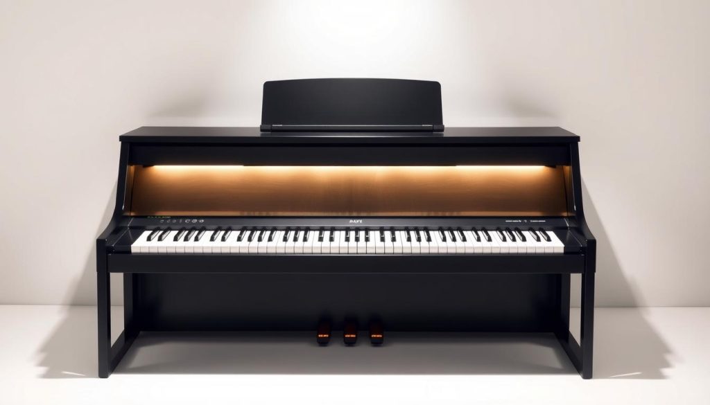 A sleek and modern 88-key digital piano stands prominently in a well-lit, minimalist studio setting. The instrument's glossy black finish and elegant lines convey a sense of premium quality and portability. The keyboard has a weighted, responsive action that mimics the feel of an acoustic piano, inviting the viewer to imagine the rich, expressive sound it can produce. Soft, directional lighting from above casts subtle shadows and highlights the piano's contours, creating a warm, professional atmosphere. The background is a clean, uncluttered white wall, allowing the digital piano to be the central focus of the scene. A sleek and modern 88-key digital piano stands prominently in a well-lit, minimalist studio setting. The instrument's glossy black finish and elegant lines convey a sense of premium quality and portability. The keyboard has a weighted, responsive action that mimics the feel of an acoustic piano, inviting the viewer to imagine the rich, expressive sound it can produce. Soft, directional lighting from above casts subtle shadows and highlights the piano's contours, creating a warm, professional atmosphere. The background is a clean, uncluttered white wall, allowing the digital piano to be the central focus of the scene.