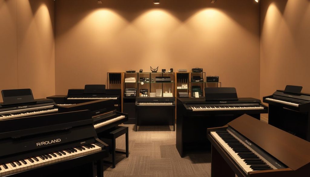 A sleek and modern digital piano showroom, bathed in warm studio lighting. In the foreground, a lineup of Roland piano models in various finishes, their minimalist yet elegant designs showcasing the brand's innovative technologies. In the middle ground, various piano accessories and peripherals are neatly displayed, hinting at the comprehensive ecosystem. The background features a simple yet striking backdrop, perhaps a muted color or textured wall, allowing the pianos to take center stage. The overall atmosphere is one of sophistication, functionality, and a deep appreciation for the craft of digital piano engineering. A sleek and modern digital piano showroom, bathed in warm studio lighting. In the foreground, a lineup of Roland piano models in various finishes, their minimalist yet elegant designs showcasing the brand's innovative technologies. In the middle ground, various piano accessories and peripherals are neatly displayed, hinting at the comprehensive ecosystem. The background features a simple yet striking backdrop, perhaps a muted color or textured wall, allowing the pianos to take center stage. The overall atmosphere is one of sophistication, functionality, and a deep appreciation for the craft of digital piano engineering.