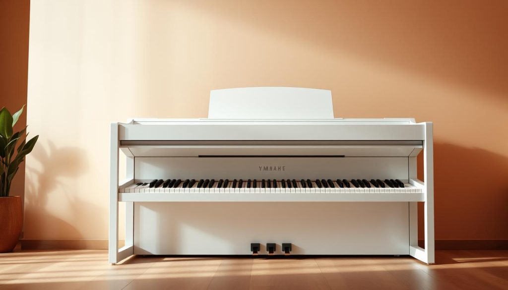 A sleek and modern white Yamaha YDP-S digital piano set against a warm, minimalist backdrop. The instrument's clean, minimalist lines and matte finish evoke a sense of refined elegance. Soft, diffused lighting from above casts gentle shadows, highlighting the piano's form and texture. The scene is captured from a low, three-quarter angle, emphasizing the piano's presence and commanding the viewer's attention. The surrounding environment is simple and uncluttered, allowing the piano to be the focal point. An atmosphere of sophisticated calm and focus pervades the image, inviting the viewer to imagine the piano's rich, expressive sound. A sleek and modern white Yamaha YDP-S digital piano set against a warm, minimalist backdrop. The instrument's clean, minimalist lines and matte finish evoke a sense of refined elegance. Soft, diffused lighting from above casts gentle shadows, highlighting the piano's form and texture. The scene is captured from a low, three-quarter angle, emphasizing the piano's presence and commanding the viewer's attention. The surrounding environment is simple and uncluttered, allowing the piano to be the focal point. An atmosphere of sophisticated calm and focus pervades the image, inviting the viewer to imagine the piano's rich, expressive sound.