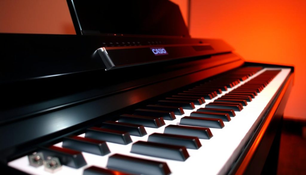 A sophisticated digital piano, its sleek black frame gleaming under warm studio lighting. The keyboard commands the foreground, its pristine white keys beckoning to be played. In the middle ground, the instrument's control panel displays an array of advanced features, reflecting the latest technological innovations in the world of digital pianos. The background fades softly, allowing the piano to take center stage, its elegant design and cutting-edge capabilities commanding attention. This image captures the essence of Casio's premium digital piano models, their combination of refined aesthetics and powerful performance capabilities. A sophisticated digital piano, its sleek black frame gleaming under warm studio lighting. The keyboard commands the foreground, its pristine white keys beckoning to be played. In the middle ground, the instrument's control panel displays an array of advanced features, reflecting the latest technological innovations in the world of digital pianos. The background fades softly, allowing the piano to take center stage, its elegant design and cutting-edge capabilities commanding attention. This image captures the essence of Casio's premium digital piano models, their combination of refined aesthetics and powerful performance capabilities.
