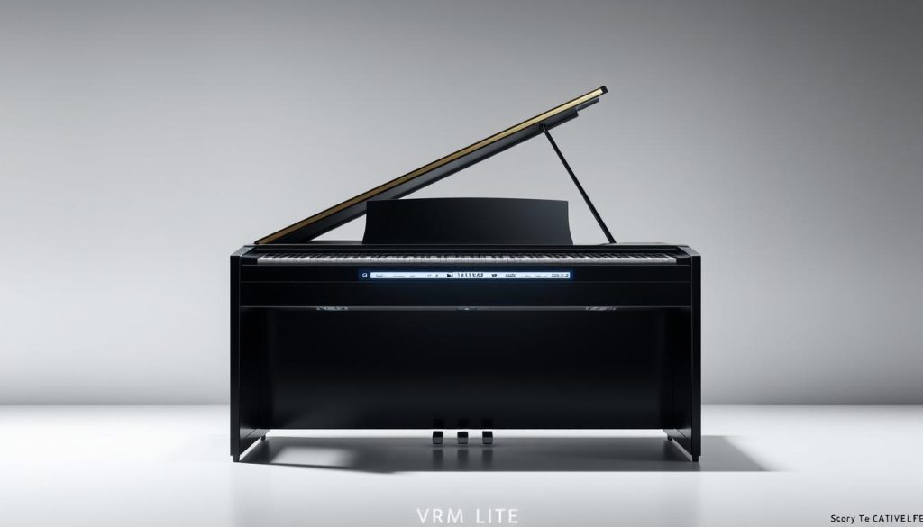 A technologically advanced digital piano, the "VRM Lite" showcases its cutting-edge sound technologies. Against a sleek, minimalist backdrop, the instrument's clean, modern design takes center stage. Precise lighting illuminates the piano's glossy, polished surface, capturing the high-fidelity audio system and advanced virtual resonance modeling within. The scene conveys a sense of sophistication and innovation, reflecting the instrument's ability to deliver an exceptional musical experience. A technologically advanced digital piano, the "VRM Lite" showcases its cutting-edge sound technologies. Against a sleek, minimalist backdrop, the instrument's clean, modern design takes center stage. Precise lighting illuminates the piano's glossy, polished surface, capturing the high-fidelity audio system and advanced virtual resonance modeling within. The scene conveys a sense of sophistication and innovation, reflecting the instrument's ability to deliver an exceptional musical experience.