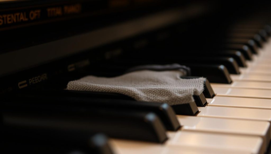 A close-up view of a digital piano keyboard, capturing the intricate details of the keys and the mechanisms beneath them. The image should convey a sense of depth, with a clear focus on the individual keys and the delicate cleaning process. Employ a soft, diffused lighting setup that highlights the textures and contours of the piano surface, creating a sense of intimacy and attention to detail. Utilize a shallow depth of field to draw the viewer's eye to the key area, while subtly blurring the background to maintain the emphasis on the cleaning process. The overall tone should be one of care, precision, and attention to detail, reflecting the importance of properly maintaining and cleaning a digital piano. A close-up view of a digital piano keyboard, capturing the intricate details of the keys and the mechanisms beneath them. The image should convey a sense of depth, with a clear focus on the individual keys and the delicate cleaning process. Employ a soft, diffused lighting setup that highlights the textures and contours of the piano surface, creating a sense of intimacy and attention to detail. Utilize a shallow depth of field to draw the viewer's eye to the key area, while subtly blurring the background to maintain the emphasis on the cleaning process. The overall tone should be one of care, precision, and attention to detail, reflecting the importance of properly maintaining and cleaning a digital piano.