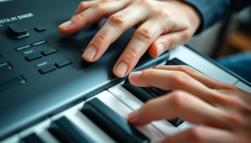 A close-up view of a person's hands delicately examining the keys of a digital piano keyboard. The fingers gently press down on various keys, carefully inspecting each one for any issues or malfunctions. The keyboard is well-lit, with soft, diffused lighting that casts subtle shadows, highlighting the texture and contours of the keys. The background is slightly blurred, keeping the focus on the diagnostic examination. The overall mood is one of concentration and problem-solving, as the person works to identify the source of the keyboard's issue before any disassembly. A close-up view of a person's hands delicately examining the keys of a digital piano keyboard. The fingers gently press down on various keys, carefully inspecting each one for any issues or malfunctions. The keyboard is well-lit, with soft, diffused lighting that casts subtle shadows, highlighting the texture and contours of the keys. The background is slightly blurred, keeping the focus on the diagnostic examination. The overall mood is one of concentration and problem-solving, as the person works to identify the source of the keyboard's issue before any disassembly.