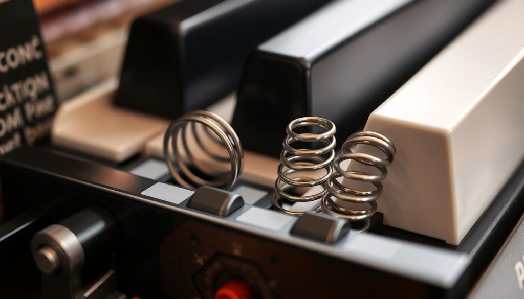 A detailed close-up view of the internal mechanism of a digital piano keyboard, focusing on the delicate coiled springs and the piano keys they control. The keys are shown in a partially raised position, revealing the intricate system of metal springs and levers that allow them to move smoothly and reliably. Crisp, high-resolution lighting illuminates the intricate textures and precise engineering of these essential components, conveying a sense of the careful craftsmanship and attention to detail required to maintain and repair a digital piano's keyboard. The overall mood is one of technical precision and the importance of properly maintaining these vital mechanisms. A detailed close-up view of the internal mechanism of a digital piano keyboard, focusing on the delicate coiled springs and the piano keys they control. The keys are shown in a partially raised position, revealing the intricate system of metal springs and levers that allow them to move smoothly and reliably. Crisp, high-resolution lighting illuminates the intricate textures and precise engineering of these essential components, conveying a sense of the careful craftsmanship and attention to detail required to maintain and repair a digital piano's keyboard. The overall mood is one of technical precision and the importance of properly maintaining these vital mechanisms.