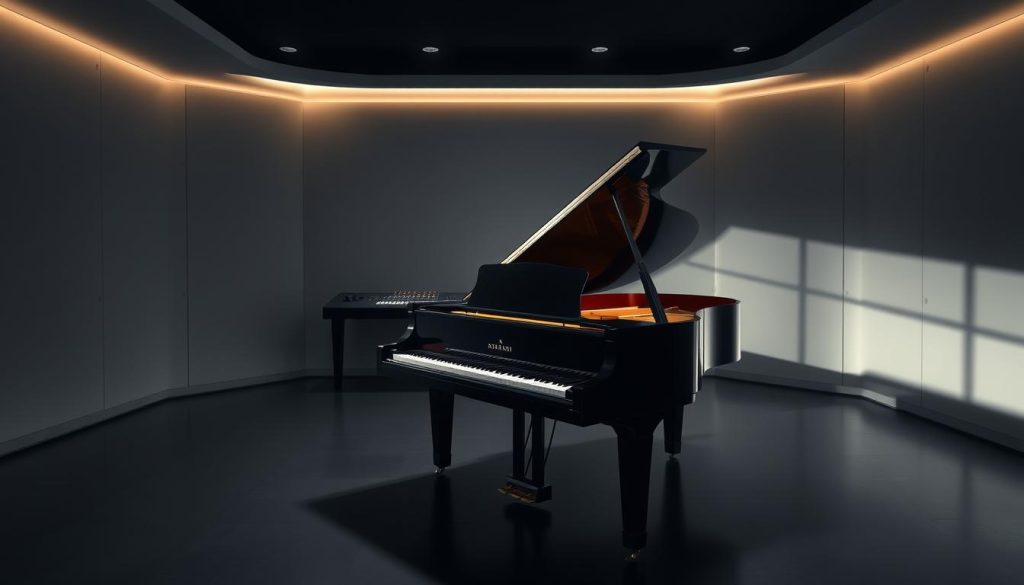 A grand piano in a sleek, modern digital studio. The piano's polished ebony finish gleams under soft, indirect lighting, casting subtle shadows on the floor. The instrument stands prominently in the foreground, inviting the viewer to imagine its rich, resonant tones. In the middle ground, a minimalist control panel with touch-sensitive controls and a high-resolution display. The background features a minimalist, monochromatic palette, creating a serene and focused environment. The overall atmosphere evokes sophistication, precision, and the seamless integration of traditional and digital music technology. A grand piano in a sleek, modern digital studio. The piano's polished ebony finish gleams under soft, indirect lighting, casting subtle shadows on the floor. The instrument stands prominently in the foreground, inviting the viewer to imagine its rich, resonant tones. In the middle ground, a minimalist control panel with touch-sensitive controls and a high-resolution display. The background features a minimalist, monochromatic palette, creating a serene and focused environment. The overall atmosphere evokes sophistication, precision, and the seamless integration of traditional and digital music technology.