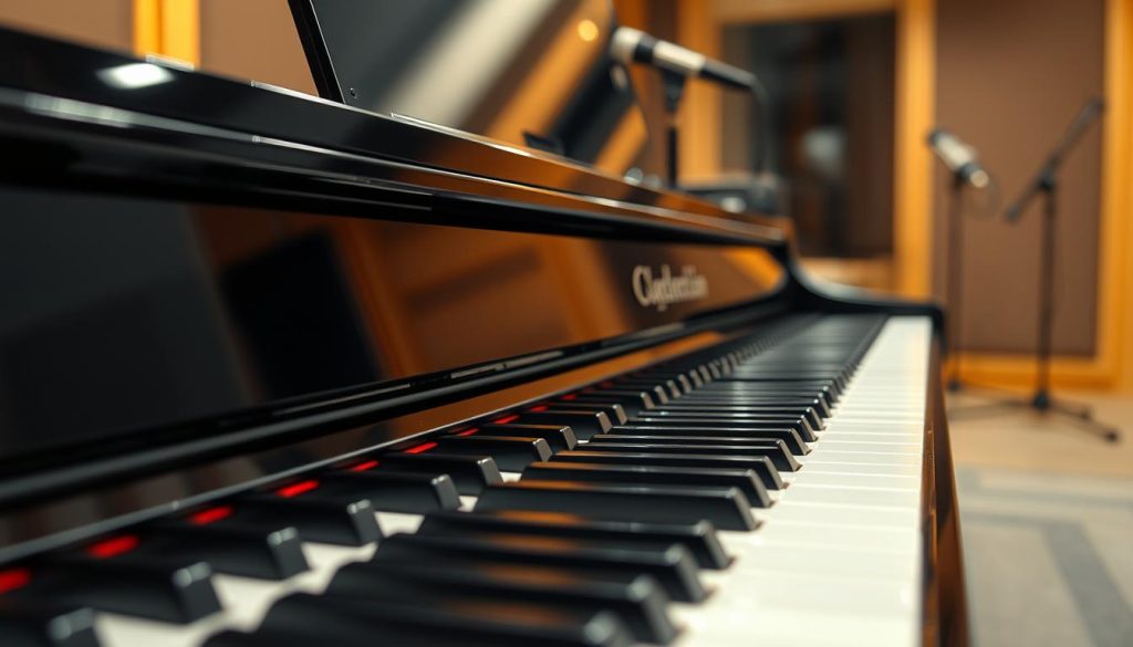 A meticulously crafted digital piano, its glossy black exterior gleaming under warm studio lighting. The keys, smooth and responsive, invite the pianist's touch. In the foreground, a close-up captures the intricate mechanisms and craftsmanship, hinting at the instrument's superior sound quality. In the background, a softly blurred environment evokes a professional recording studio, with subtle reflections and highlights adding depth and realism. The overall atmosphere conveys a sense of high-end sophistication and attention to detail, perfectly suited to showcase the piano's exceptional audio fidelity. A meticulously crafted digital piano, its glossy black exterior gleaming under warm studio lighting. The keys, smooth and responsive, invite the pianist's touch. In the foreground, a close-up captures the intricate mechanisms and craftsmanship, hinting at the instrument's superior sound quality. In the background, a softly blurred environment evokes a professional recording studio, with subtle reflections and highlights adding depth and realism. The overall atmosphere conveys a sense of high-end sophistication and attention to detail, perfectly suited to showcase the piano's exceptional audio fidelity.