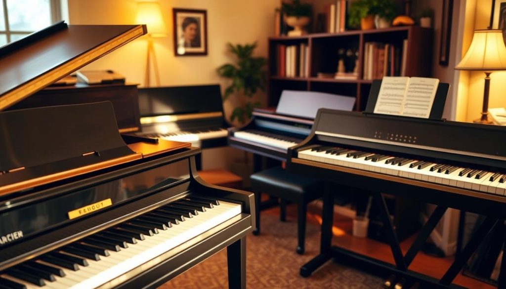 A serene and inviting piano studio filled with various musical instruments, including a grand piano, a 61-key digital piano, and an 88-key digital piano, all arranged in a tasteful and visually appealing manner. The lighting is warm and natural, casting a soft glow on the instruments and creating a comfortable and welcoming atmosphere. The composition is well-balanced, with the digital pianos positioned prominently in the foreground, allowing the viewer to clearly see their different sizes and features. The background is slightly blurred, but hints at a cozy and harmonious environment, perhaps with a few bookshelves or music sheets visible. The overall mood is one of inspiration and creativity, perfectly suited to illustrate the section on choosing the right piano format for different musicians. A serene and inviting piano studio filled with various musical instruments, including a grand piano, a 61-key digital piano, and an 88-key digital piano, all arranged in a tasteful and visually appealing manner. The lighting is warm and natural, casting a soft glow on the instruments and creating a comfortable and welcoming atmosphere. The composition is well-balanced, with the digital pianos positioned prominently in the foreground, allowing the viewer to clearly see their different sizes and features. The background is slightly blurred, but hints at a cozy and harmonious environment, perhaps with a few bookshelves or music sheets visible. The overall mood is one of inspiration and creativity, perfectly suited to illustrate the section on choosing the right piano format for different musicians.