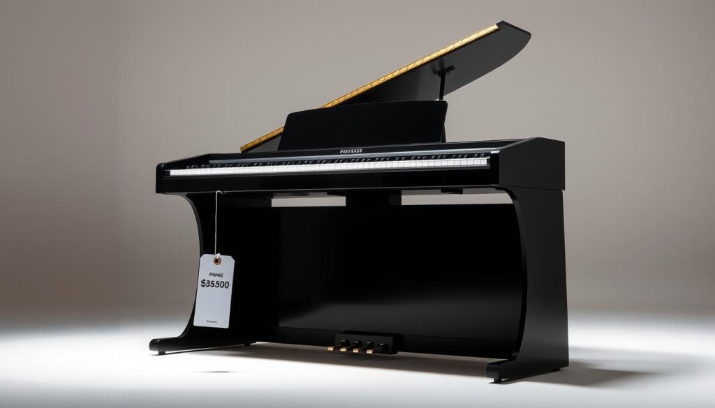 A sleek, contemporary digital piano with a graceful, curved silhouette stands in a well-lit, minimalist studio setting. The instrument's glossy black finish reflects the soft, diffused lighting, creating a sense of depth and elegance. In the foreground, a price tag hovers discreetly, indicating the current market range for this high-end digital piano model. The background fades into a neutral, muted palette, allowing the piano to take center stage and showcasing its striking visual appeal and the diverse pricing options available to discerning buyers. A sleek, contemporary digital piano with a graceful, curved silhouette stands in a well-lit, minimalist studio setting. The instrument's glossy black finish reflects the soft, diffused lighting, creating a sense of depth and elegance. In the foreground, a price tag hovers discreetly, indicating the current market range for this high-end digital piano model. The background fades into a neutral, muted palette, allowing the piano to take center stage and showcasing its striking visual appeal and the diverse pricing options available to discerning buyers.