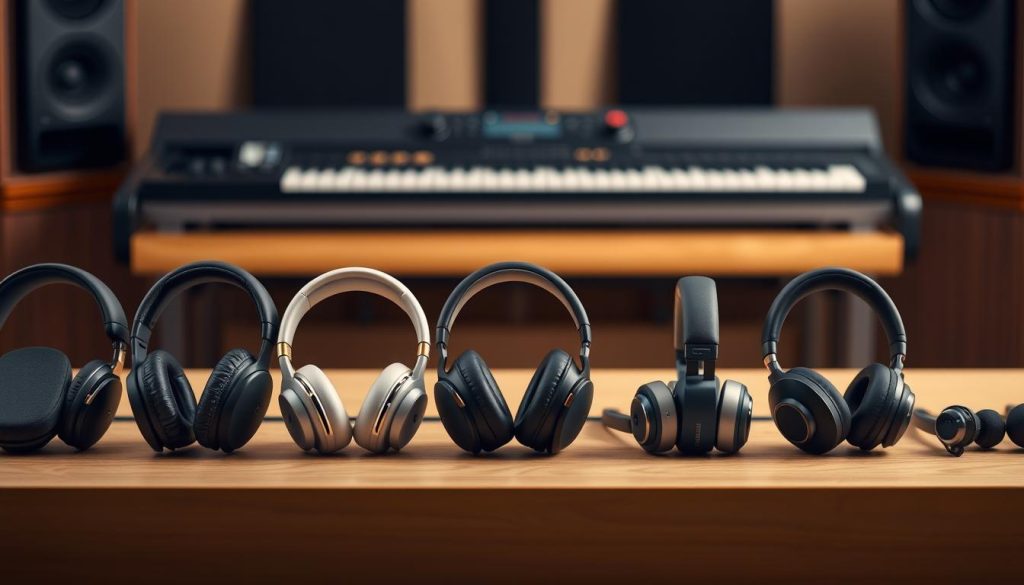 A sleek lineup of high-fidelity headphones, meticulously crafted for the discerning digital piano enthusiast. In the foreground, a collection of premium over-ear models in a range of sophisticated colors, their padded earcups and adjustable headbands promising exceptional comfort during extended listening sessions. In the middle ground, a selection of in-ear and on-ear alternatives, their compact designs and discreet profiles ideal for more portable piano setups. In the background, a softly blurred studio environment, hinting at the exceptional audio quality and immersive experience these headphones deliver, perfect for elevating the home digital piano experience. A sleek lineup of high-fidelity headphones, meticulously crafted for the discerning digital piano enthusiast. In the foreground, a collection of premium over-ear models in a range of sophisticated colors, their padded earcups and adjustable headbands promising exceptional comfort during extended listening sessions. In the middle ground, a selection of in-ear and on-ear alternatives, their compact designs and discreet profiles ideal for more portable piano setups. In the background, a softly blurred studio environment, hinting at the exceptional audio quality and immersive experience these headphones deliver, perfect for elevating the home digital piano experience.