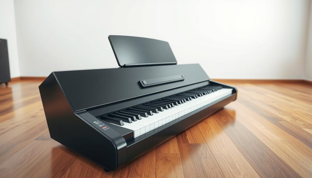 A sleek, modern digital piano resting on a polished wooden floor, surrounded by a minimalist, well-lit studio setting. The instrument's glossy black finish catches the soft, even lighting, creating subtle highlights and reflections. In the foreground, the piano's keys are visible, inviting the viewer to imagine the melodies that could be coaxed from its electronic innards. The background features clean white walls, adding to the sense of simplicity and focus on the central subject. The overall atmosphere is one of refinement, professionalism, and the quiet contemplation of the musical instrument. A sleek, modern digital piano resting on a polished wooden floor, surrounded by a minimalist, well-lit studio setting. The instrument's glossy black finish catches the soft, even lighting, creating subtle highlights and reflections. In the foreground, the piano's keys are visible, inviting the viewer to imagine the melodies that could be coaxed from its electronic innards. The background features clean white walls, adding to the sense of simplicity and focus on the central subject. The overall atmosphere is one of refinement, professionalism, and the quiet contemplation of the musical instrument.