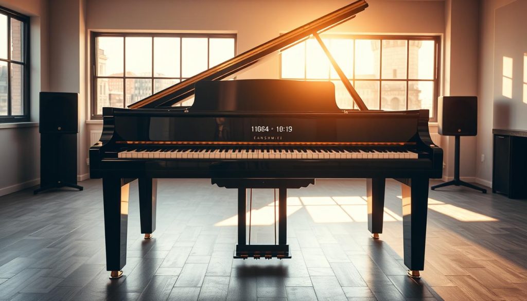 A sophisticated digital grand piano, its sleek black lacquered body gleaming under warm, focused lighting. The keyboard spans the width of the instrument, its ebony and ivory keys beckoning the musician. The piano is positioned in a clutter-free, minimalist studio setting, allowing the instrument to take center stage. Sunlight filters in through large windows, casting soft shadows and creating a contemplative, serene atmosphere. The piano's digital display panels and control interfaces are visible, hinting at the advanced technological capabilities within. This striking image captures the essence of a high-end digital grand piano, a pinnacle of modern piano design. A sophisticated digital grand piano, its sleek black lacquered body gleaming under warm, focused lighting. The keyboard spans the width of the instrument, its ebony and ivory keys beckoning the musician. The piano is positioned in a clutter-free, minimalist studio setting, allowing the instrument to take center stage. Sunlight filters in through large windows, casting soft shadows and creating a contemplative, serene atmosphere. The piano's digital display panels and control interfaces are visible, hinting at the advanced technological capabilities within. This striking image captures the essence of a high-end digital grand piano, a pinnacle of modern piano design.