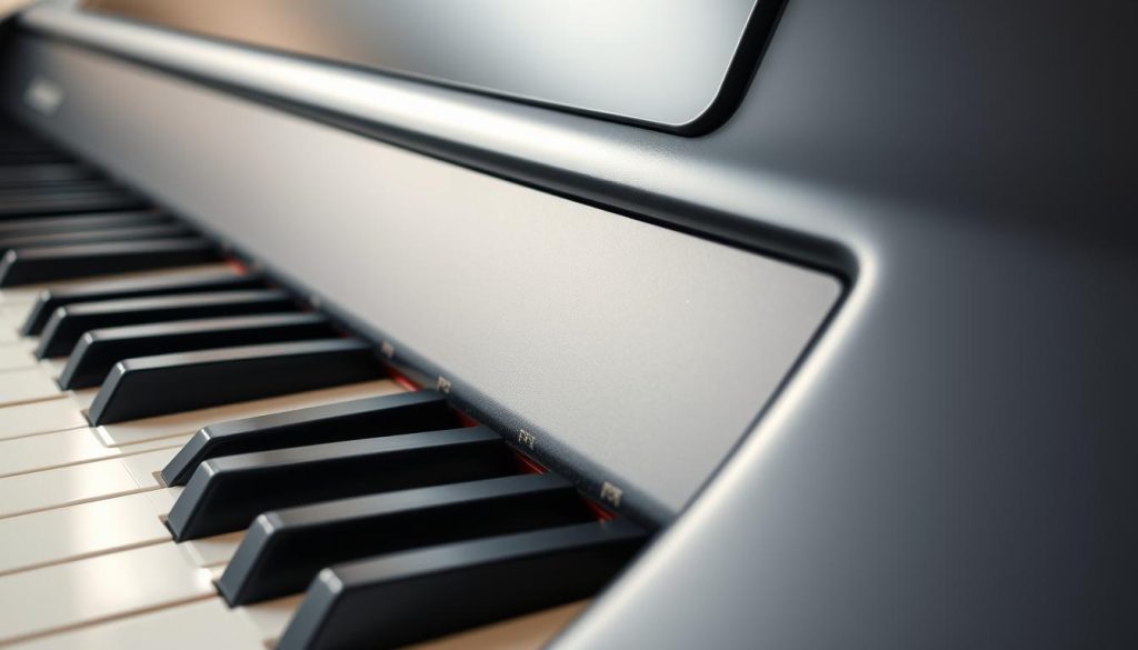 A well-lit and detailed digital piano surface, capturing the various materials and textures that make up its exterior. The smooth, glossy finish of the piano's body contrasts with the matte keys, while the metallic hardware adds a subtle sheen. The lighting illuminates the piano's curves and edges, emphasizing its sleek, modern design. A shallow depth of field keeps the focus on the piano's surface, creating a sense of depth and drawing the viewer's attention to the intricate details. The overall mood is one of refinement and precision, befitting the careful maintenance and cleaning required for a high-quality digital piano. A well-lit and detailed digital piano surface, capturing the various materials and textures that make up its exterior. The smooth, glossy finish of the piano's body contrasts with the matte keys, while the metallic hardware adds a subtle sheen. The lighting illuminates the piano's curves and edges, emphasizing its sleek, modern design. A shallow depth of field keeps the focus on the piano's surface, creating a sense of depth and drawing the viewer's attention to the intricate details. The overall mood is one of refinement and precision, befitting the careful maintenance and cleaning required for a high-quality digital piano.