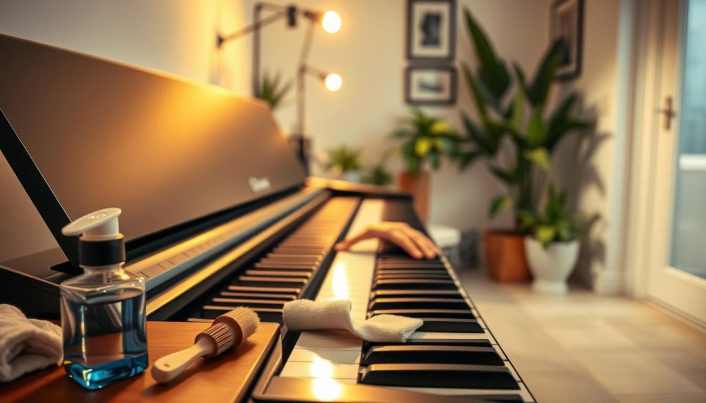 A well-lit home piano studio, the focal point being a sleek digital piano gleaming under warm, directional lighting. In the foreground, an array of piano care tools - a soft cloth, a small brush, and a bottle of cleaning solution, all neatly arranged on a wooden side table. The middle ground shows the pianist's hands meticulously wiping down the piano keys, ensuring a pristine surface. The background depicts a cozy, minimalist interior, with plants and framed artwork adding subtle natural accents, conveying a sense of tranquility and routine care. A well-lit home piano studio, the focal point being a sleek digital piano gleaming under warm, directional lighting. In the foreground, an array of piano care tools - a soft cloth, a small brush, and a bottle of cleaning solution, all neatly arranged on a wooden side table. The middle ground shows the pianist's hands meticulously wiping down the piano keys, ensuring a pristine surface. The background depicts a cozy, minimalist interior, with plants and framed artwork adding subtle natural accents, conveying a sense of tranquility and routine care.