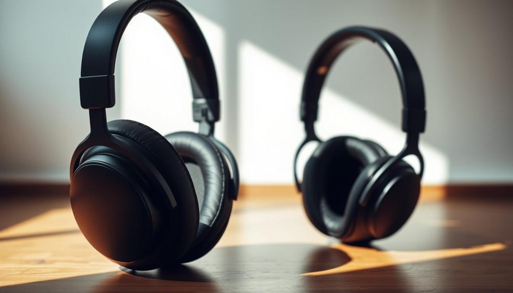 Casque fermé ouvert: a detailed comparison of headphone styles. In the foreground, a high-quality, over-ear closed-back headphone, with thick padding and a sleek, matte finish. In the middle ground, the same headphones, with the ear cups opened to reveal the open-back design. Soft, natural lighting from the side casts shadows that accentuate the elegant curves. In the background, a simple, minimalist studio setting, with a plain wall and hardwood flooring, allowing the headphones to be the focal point. The overall mood is one of contemplation and technical appreciation, inviting the viewer to consider the differences between closed and open-back headphone designs. Casque fermé ouvert: a detailed comparison of headphone styles. In the foreground, a high-quality, over-ear closed-back headphone, with thick padding and a sleek, matte finish. In the middle ground, the same headphones, with the ear cups opened to reveal the open-back design. Soft, natural lighting from the side casts shadows that accentuate the elegant curves. In the background, a simple, minimalist studio setting, with a plain wall and hardwood flooring, allowing the headphones to be the focal point. The overall mood is one of contemplation and technical appreciation, inviting the viewer to consider the differences between closed and open-back headphone designs.