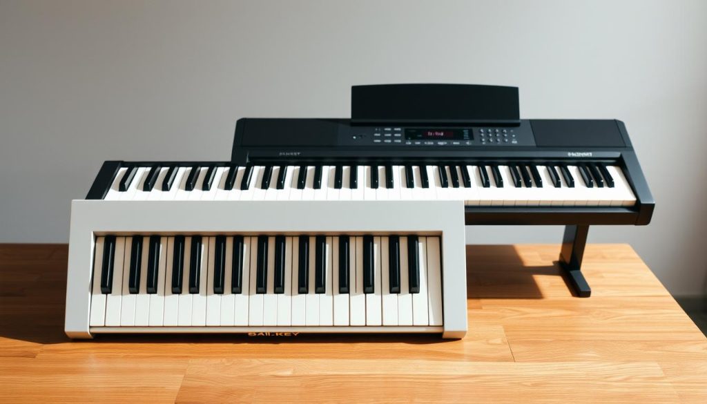Prompt A side-by-side comparison of two digital pianos, one with 61 keys and the other with 88 keys, positioned on a sleek, modern wooden surface. The 61-key piano is in the foreground, its clean, minimalist design accentuated by soft, directional lighting that casts subtle shadows. The 88-key piano is placed slightly behind, its larger, more comprehensive keyboard layout visible. Both instruments are captured from a slightly elevated angle, emphasizing their features and showcasing their differences in a clear, informative manner. The background is a neutral, softly blurred environment, allowing the pianos to be the focal point of the image. Prompt A side-by-side comparison of two digital pianos, one with 61 keys and the other with 88 keys, positioned on a sleek, modern wooden surface. The 61-key piano is in the foreground, its clean, minimalist design accentuated by soft, directional lighting that casts subtle shadows. The 88-key piano is placed slightly behind, its larger, more comprehensive keyboard layout visible. Both instruments are captured from a slightly elevated angle, emphasizing their features and showcasing their differences in a clear, informative manner. The background is a neutral, softly blurred environment, allowing the pianos to be the focal point of the image.