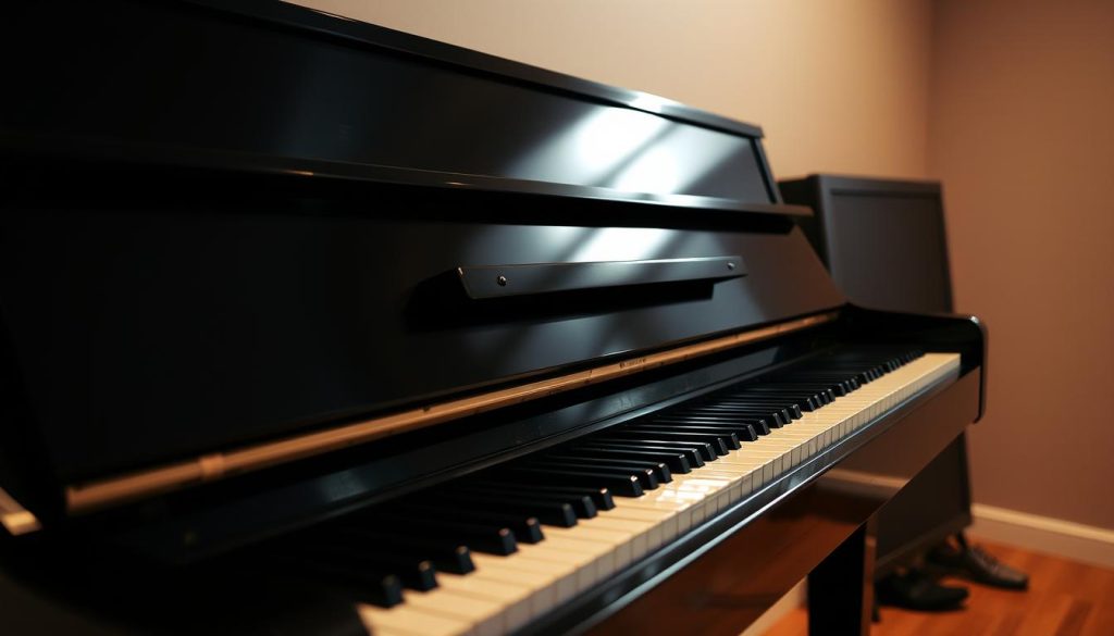 A beautifully crafted acoustic piano resting in a warm, cozy studio setting. The glossy, ebony finish reflects the soft, diffused lighting, casting subtle shadows across the curvaceous body. The keyboard, with its ivory-tipped keys, invites the viewer to imagine the rich, resonant tones that can be coaxed from this timeless instrument. In the background, a neutral-toned wall provides a simple, uncluttered backdrop, allowing the piano to take center stage. The overall atmosphere evokes a sense of contemplation, a tranquil space where the music-making process can unfold with precision and artistry. A beautifully crafted acoustic piano resting in a warm, cozy studio setting. The glossy, ebony finish reflects the soft, diffused lighting, casting subtle shadows across the curvaceous body. The keyboard, with its ivory-tipped keys, invites the viewer to imagine the rich, resonant tones that can be coaxed from this timeless instrument. In the background, a neutral-toned wall provides a simple, uncluttered backdrop, allowing the piano to take center stage. The overall atmosphere evokes a sense of contemplation, a tranquil space where the music-making process can unfold with precision and artistry.