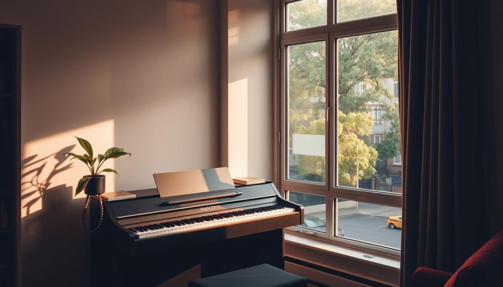 A cozy apartment interior with a digital piano placed in the corner, near a large window overlooking a serene neighborhood. The room is bathed in warm, natural lighting, creating a relaxing ambiance. The piano is surrounded by minimal, tasteful decor, with a plant and a small side table nearby. Outside the window, we see a tree-lined street, with buildings in the distance, suggesting a peaceful urban setting. The overall scene conveys a sense of domestic tranquility, suitable for a beginner pianist practicing at home without disturbing the neighbors. A cozy apartment interior with a digital piano placed in the corner, near a large window overlooking a serene neighborhood. The room is bathed in warm, natural lighting, creating a relaxing ambiance. The piano is surrounded by minimal, tasteful decor, with a plant and a small side table nearby. Outside the window, we see a tree-lined street, with buildings in the distance, suggesting a peaceful urban setting. The overall scene conveys a sense of domestic tranquility, suitable for a beginner pianist practicing at home without disturbing the neighbors.