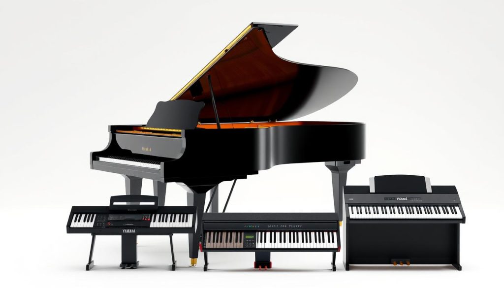 A detailed digital model of a concert grand piano, positioned prominently in the foreground. The piano is rendered with lifelike realism, showcasing the intricate details of the wooden frame, the polished black lacquer finish, and the array of keys. The lighting is softly diffused, creating a warm and inviting atmosphere. In the middle ground, two digital pianos, one from Yamaha and one from Roland, stand side by side, their sleek, modern designs contrasting with the classic grand piano. The background is a minimalist studio setting, with a plain white backdrop that allows the instruments to take center stage. The overall composition emphasizes the comparative nature of the digital pianos, while the prominent grand piano represents the benchmark of piano craftsmanship. A detailed digital model of a concert grand piano, positioned prominently in the foreground. The piano is rendered with lifelike realism, showcasing the intricate details of the wooden frame, the polished black lacquer finish, and the array of keys. The lighting is softly diffused, creating a warm and inviting atmosphere. In the middle ground, two digital pianos, one from Yamaha and one from Roland, stand side by side, their sleek, modern designs contrasting with the classic grand piano. The background is a minimalist studio setting, with a plain white backdrop that allows the instruments to take center stage. The overall composition emphasizes the comparative nature of the digital pianos, while the prominent grand piano represents the benchmark of piano craftsmanship.