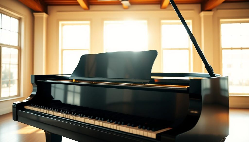 A grand, wooden piano with a glossy, ebony finish stands in a well-lit, spacious studio. The keys gleam under the warm, natural lighting, inviting the viewer to sit down and play. The piano's strings and soundboard are visible, showcasing the intricate acoustic design that creates the rich, resonant tones. Soft, diffused light filters through large windows, casting gentle shadows and highlights that accentuate the piano's elegant form. The overall atmosphere is serene and contemplative, evoking the tactile experience of playing a high-quality acoustic instrument.
