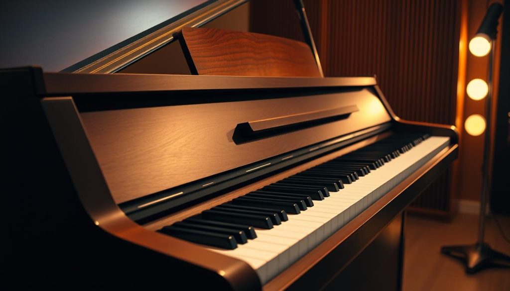 A high-quality digital piano with a rich, resonant sound, captured in a well-lit studio setting. The instrument's sleek, modern design is complemented by a warm, cinematic lighting setup that emphasizes the piano's depth and dimensionality. The image showcases the piano's realistic acoustic modeling, with a focus on the intricate details of the keys, the wooden cabinetry, and the overall harmonious balance of the instrument's components. The mood is one of refinement and attention to sonic excellence, inviting the viewer to imagine the experience of playing this piano and appreciating its superior audio fidelity. A high-quality digital piano with a rich, resonant sound, captured in a well-lit studio setting. The instrument's sleek, modern design is complemented by a warm, cinematic lighting setup that emphasizes the piano's depth and dimensionality. The image showcases the piano's realistic acoustic modeling, with a focus on the intricate details of the keys, the wooden cabinetry, and the overall harmonious balance of the instrument's components. The mood is one of refinement and attention to sonic excellence, inviting the viewer to imagine the experience of playing this piano and appreciating its superior audio fidelity.