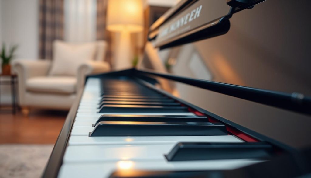 A high-quality, durable digital piano, its glossy black body reflecting the soft, warm lighting of a home studio. In the foreground, a close-up view showcases the sturdy, well-crafted keys, inviting the user to experience the piano's responsive touch. In the middle ground, the piano's sleek, minimalist design is highlighted, exuding a sense of timeless elegance. The background features a cozy, well-appointed room, hinting at the piano's seamless integration into a comfortable living space, emphasizing its long-lasting quality and reliability. A high-quality, durable digital piano, its glossy black body reflecting the soft, warm lighting of a home studio. In the foreground, a close-up view showcases the sturdy, well-crafted keys, inviting the user to experience the piano's responsive touch. In the middle ground, the piano's sleek, minimalist design is highlighted, exuding a sense of timeless elegance. The background features a cozy, well-appointed room, hinting at the piano's seamless integration into a comfortable living space, emphasizing its long-lasting quality and reliability.