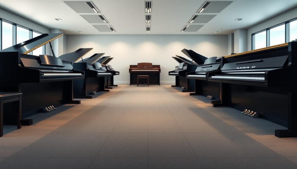 A high-resolution, realistic image showcasing a direct comparison of the top-selling digital pianos in the market. Set in a modern, well-lit showroom, the image should display various models from leading brands positioned side-by-side, allowing viewers to visually assess their features, design, and overall quality. The pianos should be shown from a slightly elevated angle, creating a sense of depth and emphasizing their physical presence. The lighting should be natural and even, highlighting the sleek, polished exteriors of the instruments. The background should be clean and uncluttered, allowing the pianos to be the focal point. The overall mood should convey a sense of professionalism and authority, reflecting the quality and expertise of the Kawai brand.