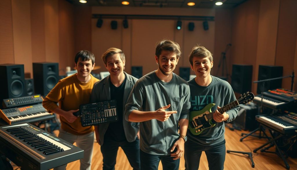 A richly detailed scene of musical sons, positioned against a softly blurred backdrop. In the foreground, a group of young men stand together, their faces warm and expressive as they engage in harmonious music-making, each holding a different digital instrument or sound-generating device. The middle ground features a sprawling soundstage, with a backdrop of modular synths, electronic drums, and other cutting-edge music technology. Warm, directional lighting casts a gentle glow, highlighting the focus on the sons and their creative exploration of digital sound. The overall atmosphere conveys a sense of youthful energy, artistic exploration, and the boundless possibilities of modern music-making. A richly detailed scene of musical sons, positioned against a softly blurred backdrop. In the foreground, a group of young men stand together, their faces warm and expressive as they engage in harmonious music-making, each holding a different digital instrument or sound-generating device. The middle ground features a sprawling soundstage, with a backdrop of modular synths, electronic drums, and other cutting-edge music technology. Warm, directional lighting casts a gentle glow, highlighting the focus on the sons and their creative exploration of digital sound. The overall atmosphere conveys a sense of youthful energy, artistic exploration, and the boundless possibilities of modern music-making.