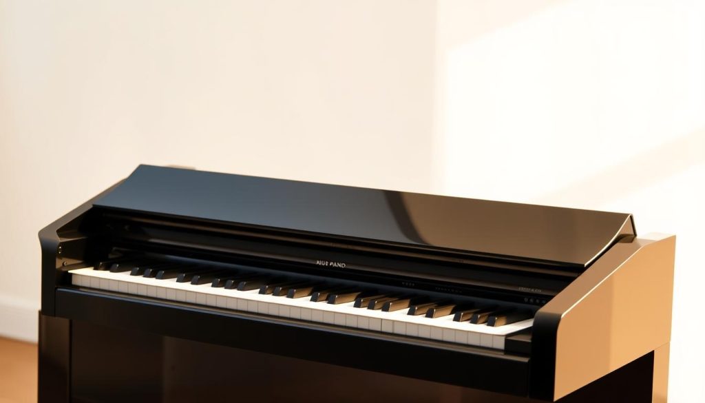 A sleek and modern digital piano stands prominently in the foreground, its glossy black finish gleaming under warm, diffused lighting. The instrument is positioned in a minimalist, bright studio setting, with a clean background of soft white walls. The piano's keys are slightly angled, inviting the user to begin their musical journey. Soft shadows and highlights accentuate the piano's elegant curves, creating a sense of depth and dimension. The overall atmosphere is one of calm, focus, and the anticipation of new musical discoveries, perfectly suited for a beginner's first steps into the world of digital piano performance.