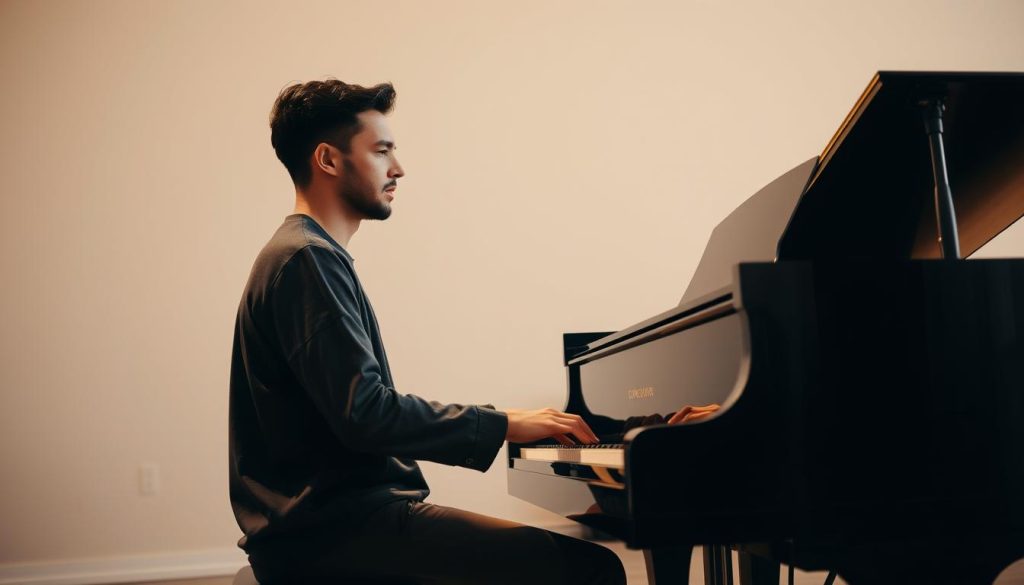 A talented pianist sits at a gleaming black grand piano, fingers dancing gracefully across the keys. The musician's expression is focused and intense, lost in the music. Warm, directional lighting from the side casts dramatic shadows, highlighting the pianist's skill and passion. The piano is situated in a spacious, minimalist studio setting, with a soft, neutral background that keeps the attention on the performer. The image conveys a sense of artistry, dedication, and the joy of music-making, capturing the essence of learning, practice, and creative expression. A talented pianist sits at a gleaming black grand piano, fingers dancing gracefully across the keys. The musician's expression is focused and intense, lost in the music. Warm, directional lighting from the side casts dramatic shadows, highlighting the pianist's skill and passion. The piano is situated in a spacious, minimalist studio setting, with a soft, neutral background that keeps the attention on the performer. The image conveys a sense of artistry, dedication, and the joy of music-making, capturing the essence of learning, practice, and creative expression.
