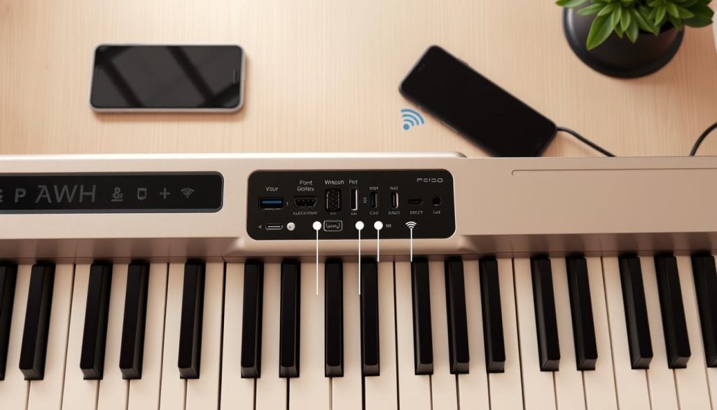 A well-lit, high-resolution image of a digital piano keyboard, with a crisp, detailed view of the various connectivity ports and wireless interfaces. The scene should convey a sense of seamless integration, highlighting the versatility of the instrument's connectivity options. Depict the keyboard from an overhead angle, showcasing the USB, Bluetooth, and WiFi ports, as well as the ability to connect to a smartphone or integrate into a home studio setup. The image should have a clean, modern aesthetic, with a neutral color palette that complements the piano's sleek design. A well-lit, high-resolution image of a digital piano keyboard, with a crisp, detailed view of the various connectivity ports and wireless interfaces. The scene should convey a sense of seamless integration, highlighting the versatility of the instrument's connectivity options. Depict the keyboard from an overhead angle, showcasing the USB, Bluetooth, and WiFi ports, as well as the ability to connect to a smartphone or integrate into a home studio setup. The image should have a clean, modern aesthetic, with a neutral color palette that complements the piano's sleek design.